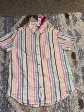 Times Two Maternity Pastel Multi-Stripe Short Sleeve Button-Down Shirt